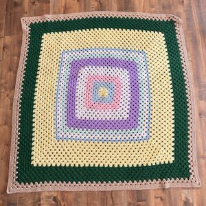 Vintage Handmade Crochet Afghan Throw Blanket Large Square Pattern 48”x48”